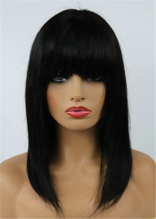 Unique Medium Straight with Full Bangs Capless Human Hair Wig 12 Inches