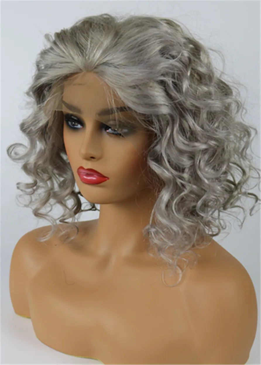 Medium Salt And Pepper Hair Curly Human Hair Lace Front Women Wigs for Older Women