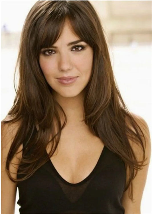 Long Wavy Human Hair With Bangs Lace Front Women Wig 24 Inches