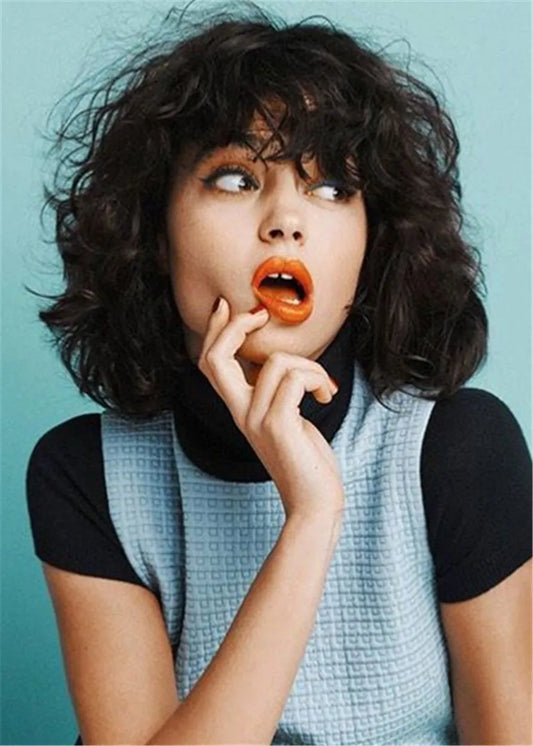 Medium Bob Curly Synthetic Hair With Bangs Women Wig 16 Inches