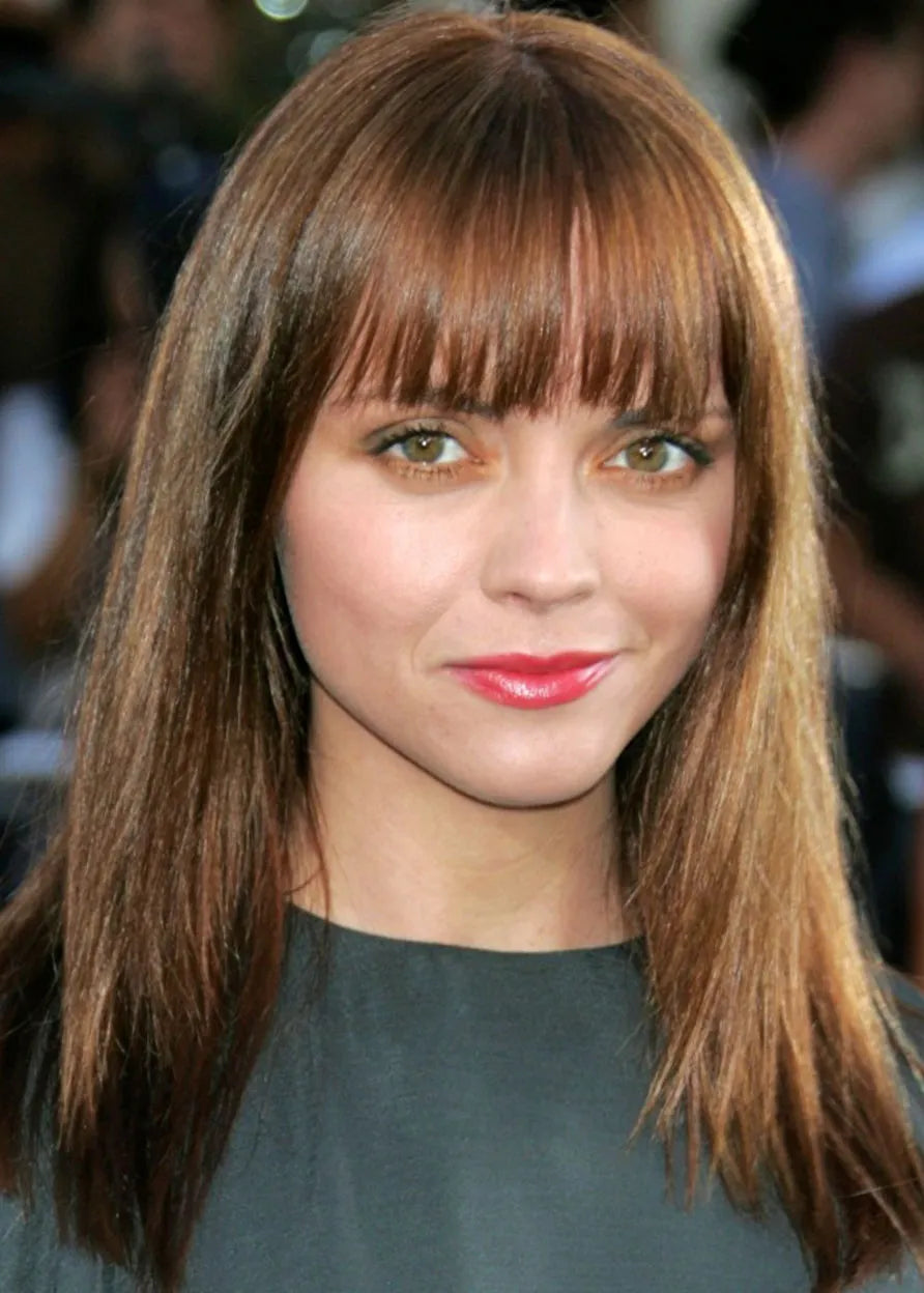 Medium Hairstyle Women's Straight Human Hair Wigs Bangs Style Lace Front Cap Wigs 16Inch