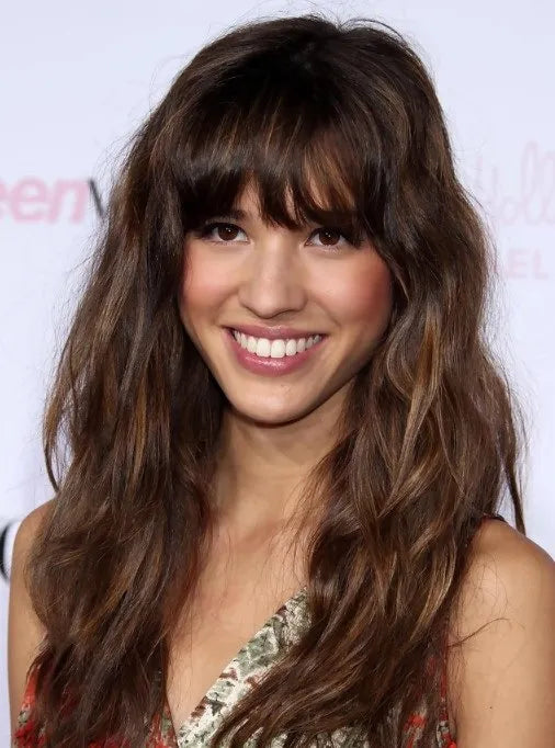 Glamour Celebrity Hairstyle Long Loose Wavy Capless 100% Human Hair Wig with Full Bang 18 Inches