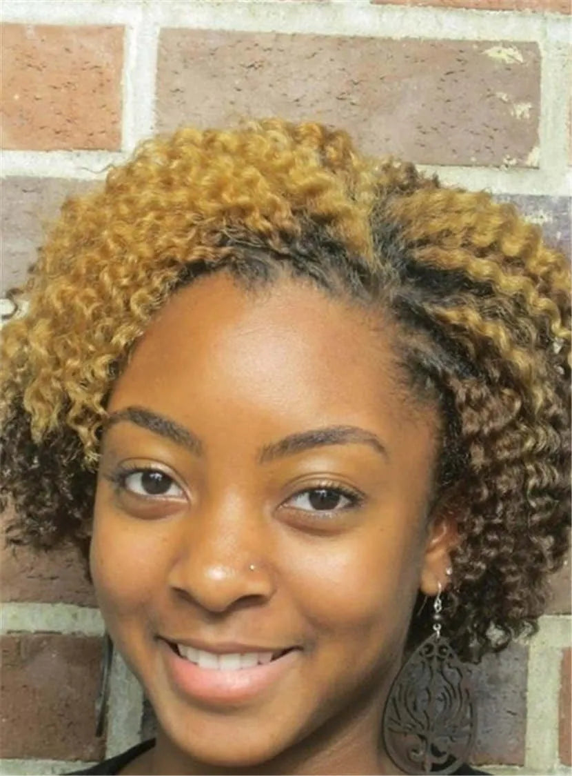 Blonde Kinky Curly One Side Part Loose Short Synthetic Hair Lace Front Cap Wigs 8 Inches