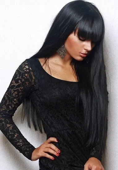 Monofilament 100% Remy Human Hair Long Straight Black Women Wig 24 Inches