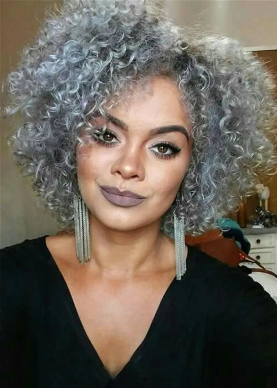 Salt and Pepper Kinky Curly Synthetic Hair Capless Wigs 12 Inches