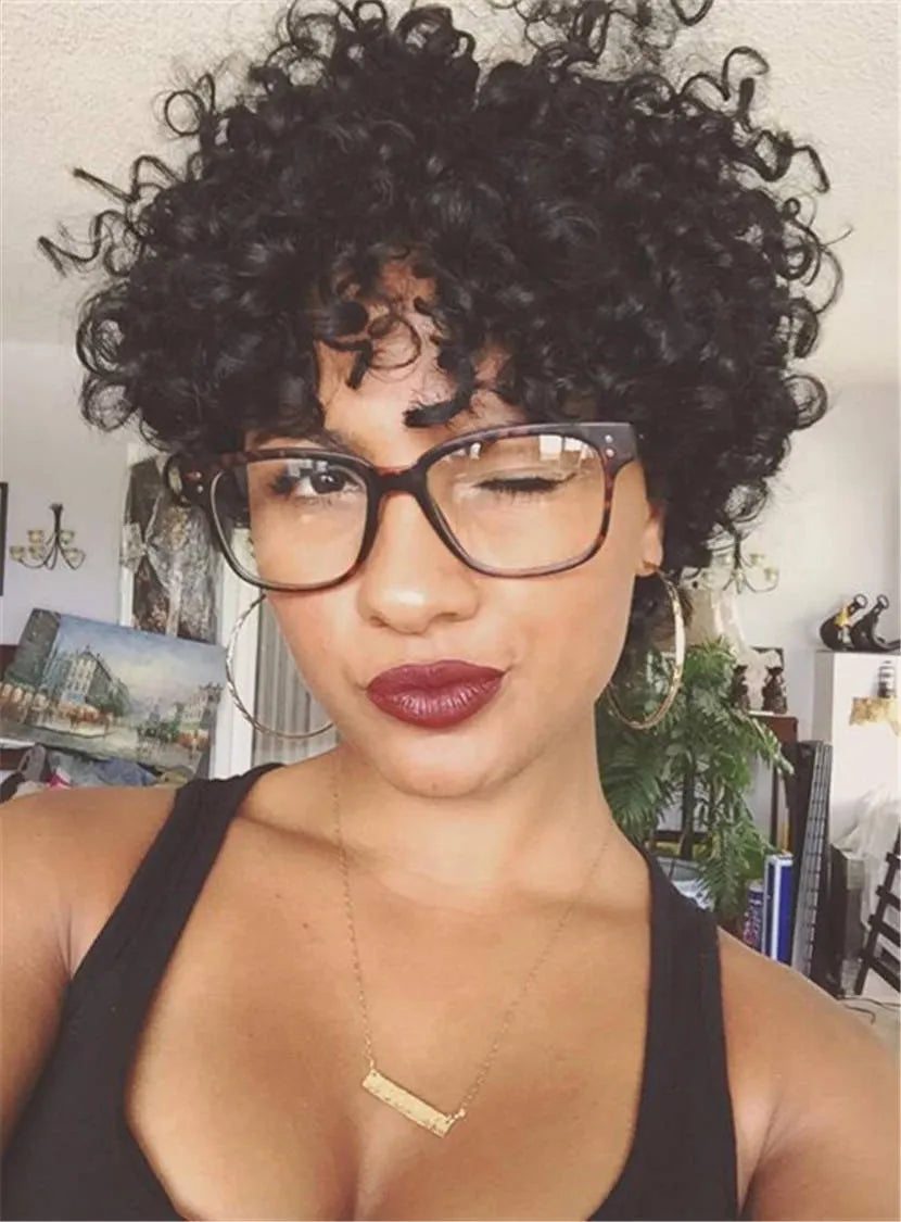 Kinky Curly Pixie Short Tight Coils Synthetic Hair With Bangs Capless Cap Wigs 8 Inches