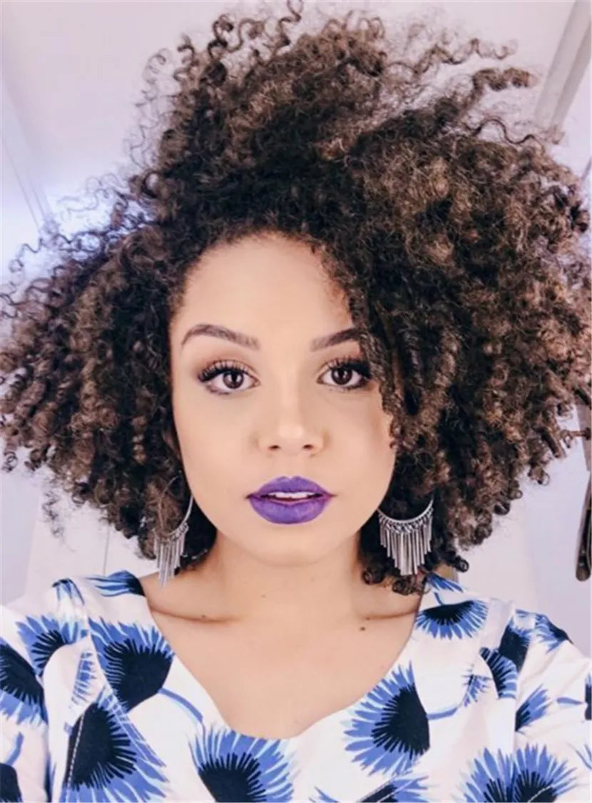 Fashion Shaggy Fluffy Mid-Length Synthetic Curly Hair Lace Front Cap African American Wigs 14 Inches