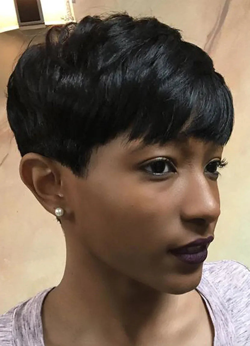 Choppy Pixie Short Straight Layered Cut With Full Bangs Human Hair Capless Wigs 6 Inches
