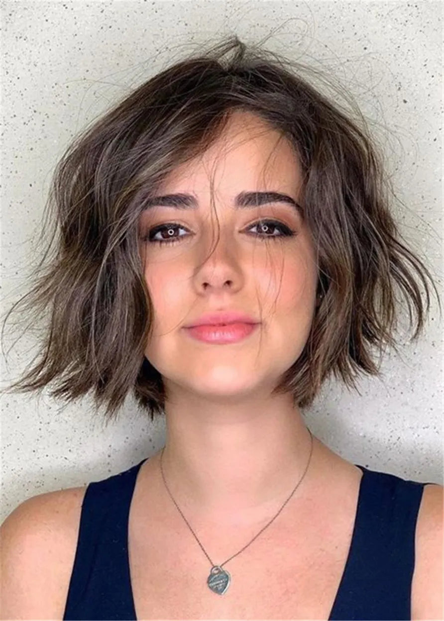 Short Bob Messy Layered Human Hair Wavy Lace Front Wig 12 Inches